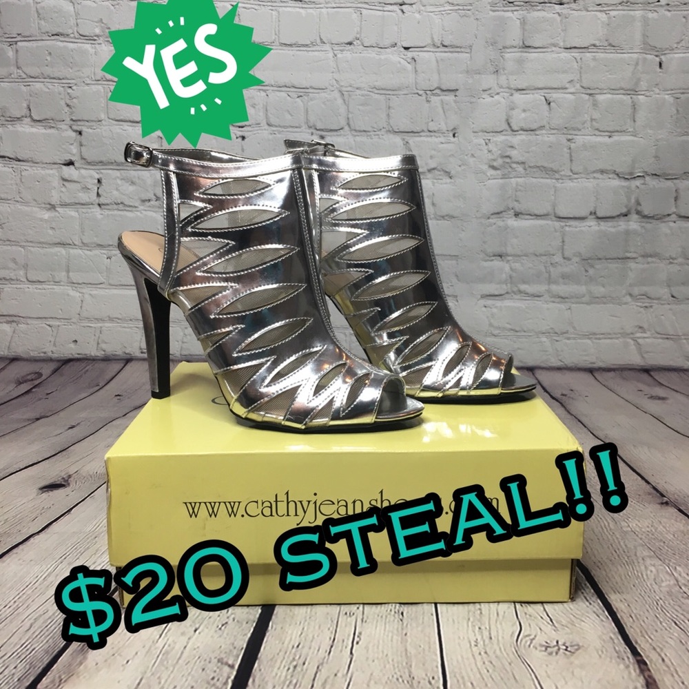 SALE CathyJean SilverPatentLeather & MeshCagedHeel